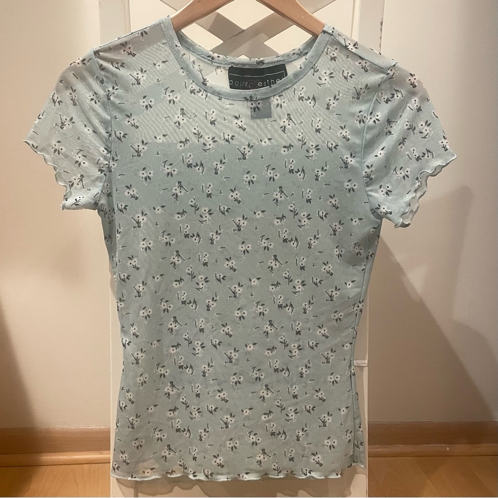 Light Blue Floral Ribbed Short Sleeve Top